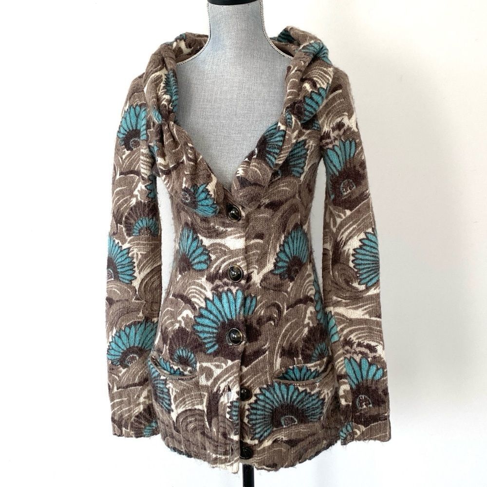 Leifsdottir Anthropologie Brown & Blue Floral Wool Cardigan Size L Boho Cottage